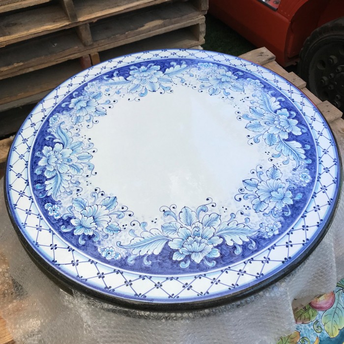 31.5″ Italian Volcanic Table – Blue Flowers with Crosshatched Border Round