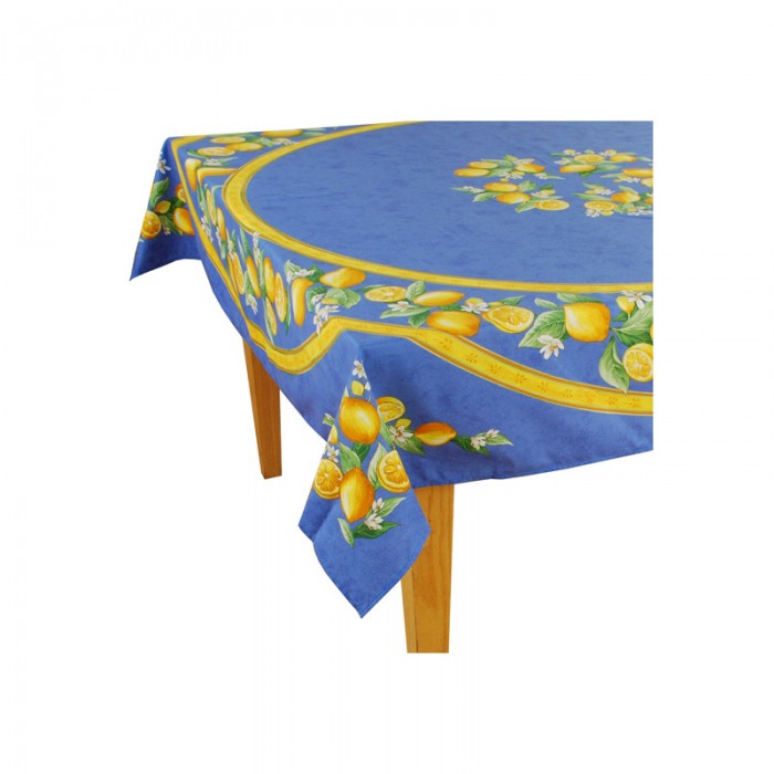 Blue Lemon Coated Cotton Tablecloth or Napkins