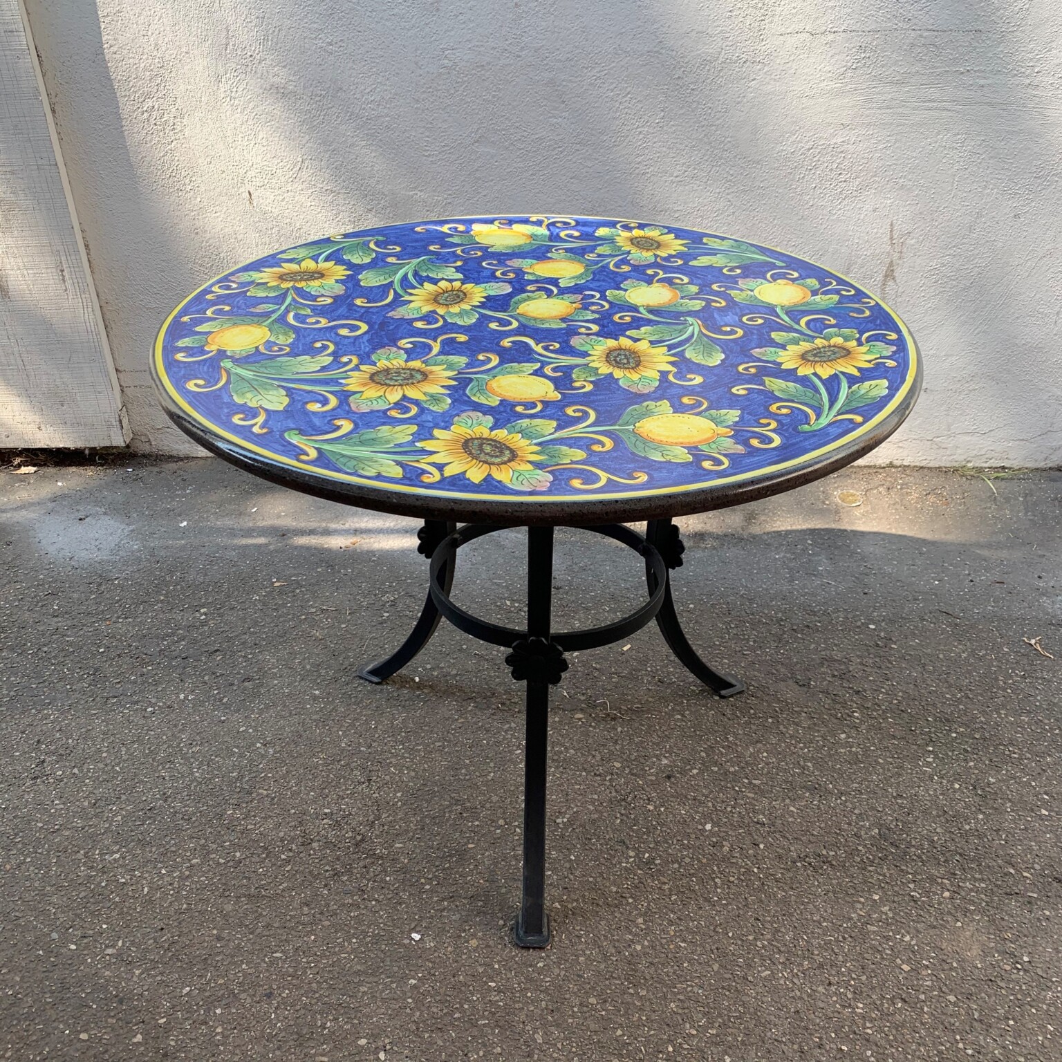 39" Italian Volcanic Table Full Lemons and Sunflowers on Blue