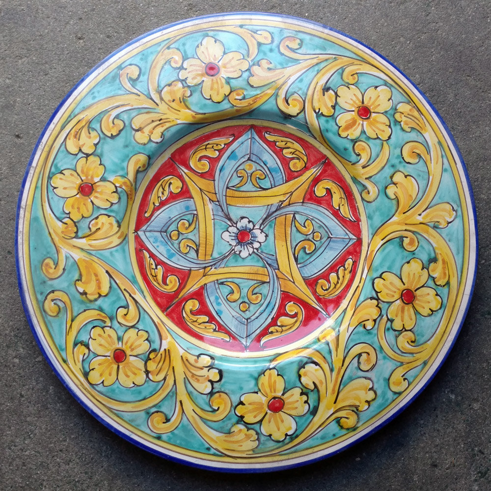 Small Round Platter - Geometric Turquoise Scrolls - Italian Pottery Outlet