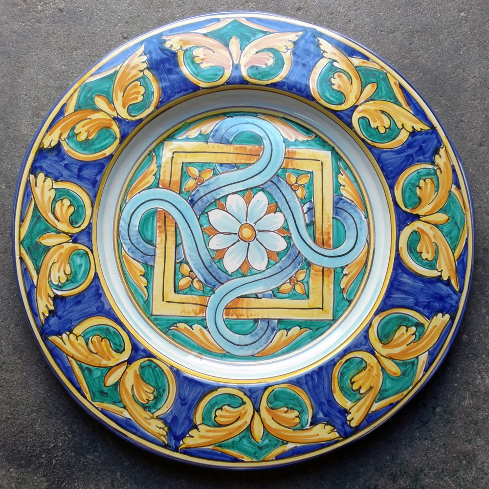 Medium Round Platter - Geometric Blue Flower - Italian Pottery Outlet