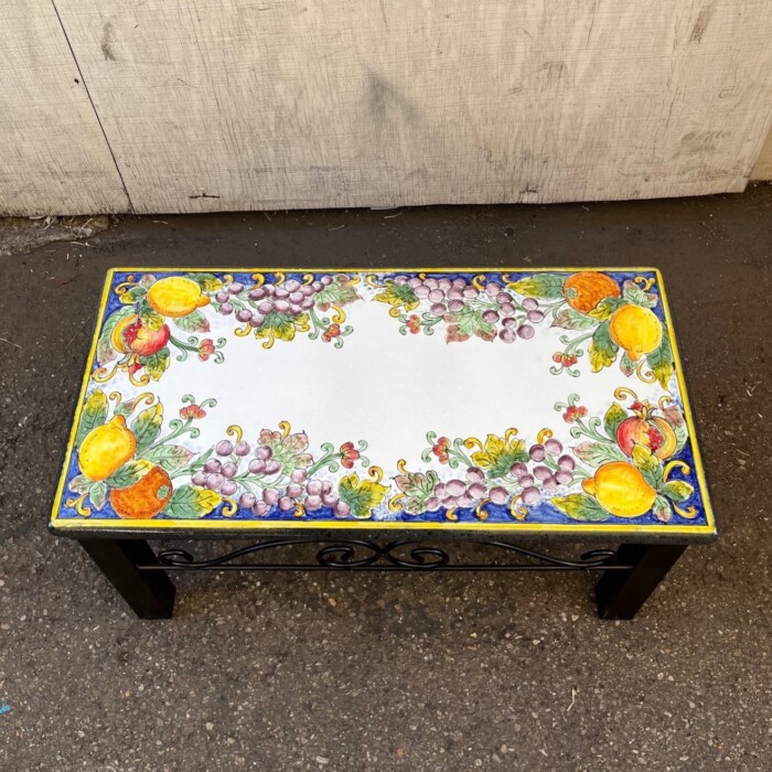 31.5'' x 16.5" Italian Volcanic Outdoor Bench with Iron Base - Mixed Fruit on White - Image 2
