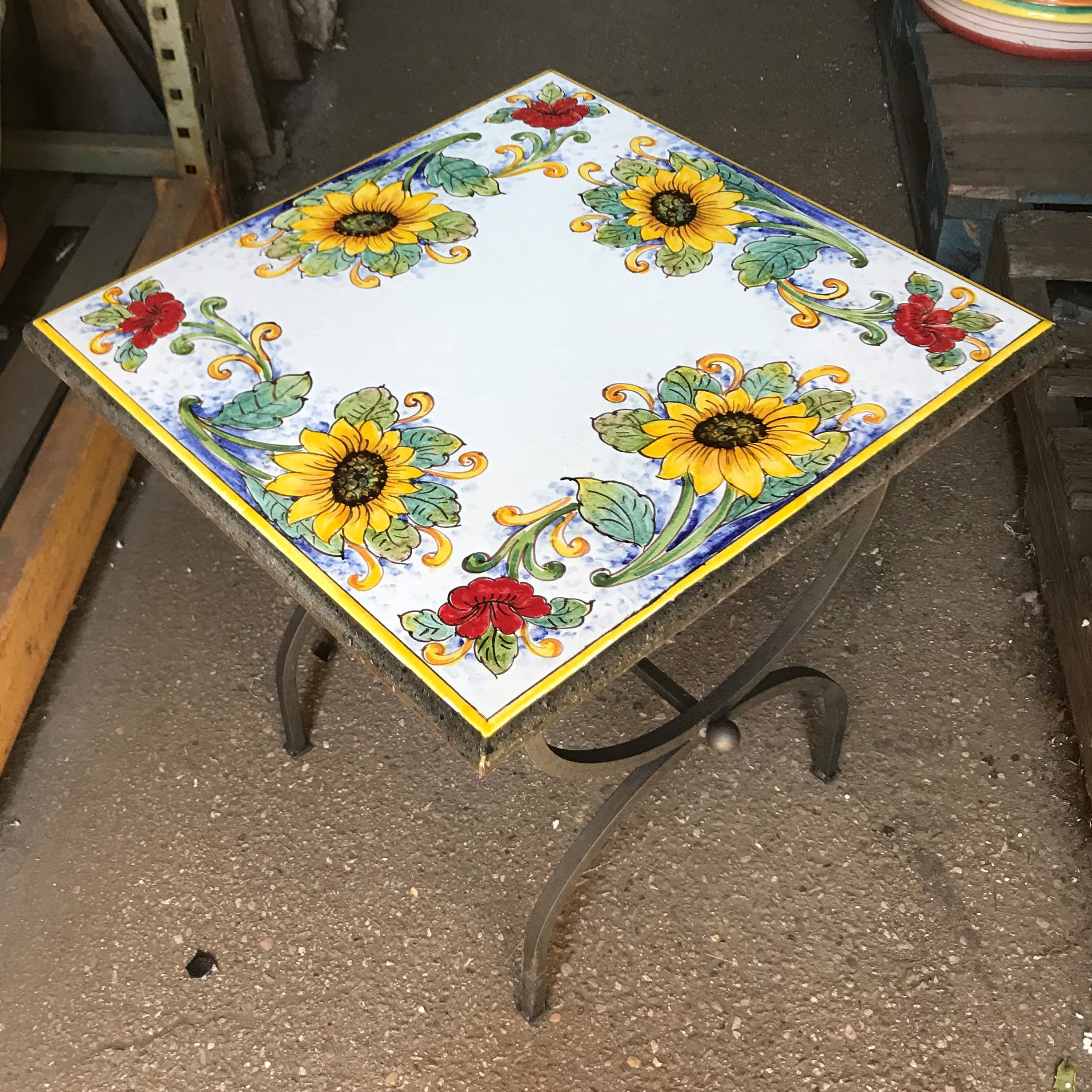 20'' Square Italian Volcanic Table Sunflowers and Poppies Italian