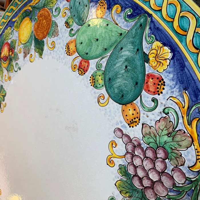 47″ Italian Volcanic Outdoor Table with Iron Base – Cactus and fruits on a blue and white background. - Image 3