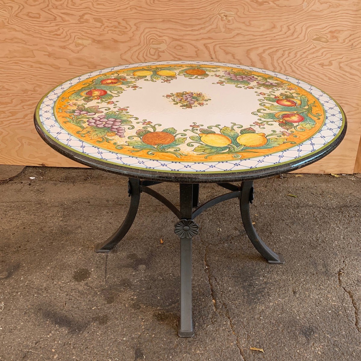43" Italian Volcanic Stone Table Mixed Fruit on Yellow with Blue