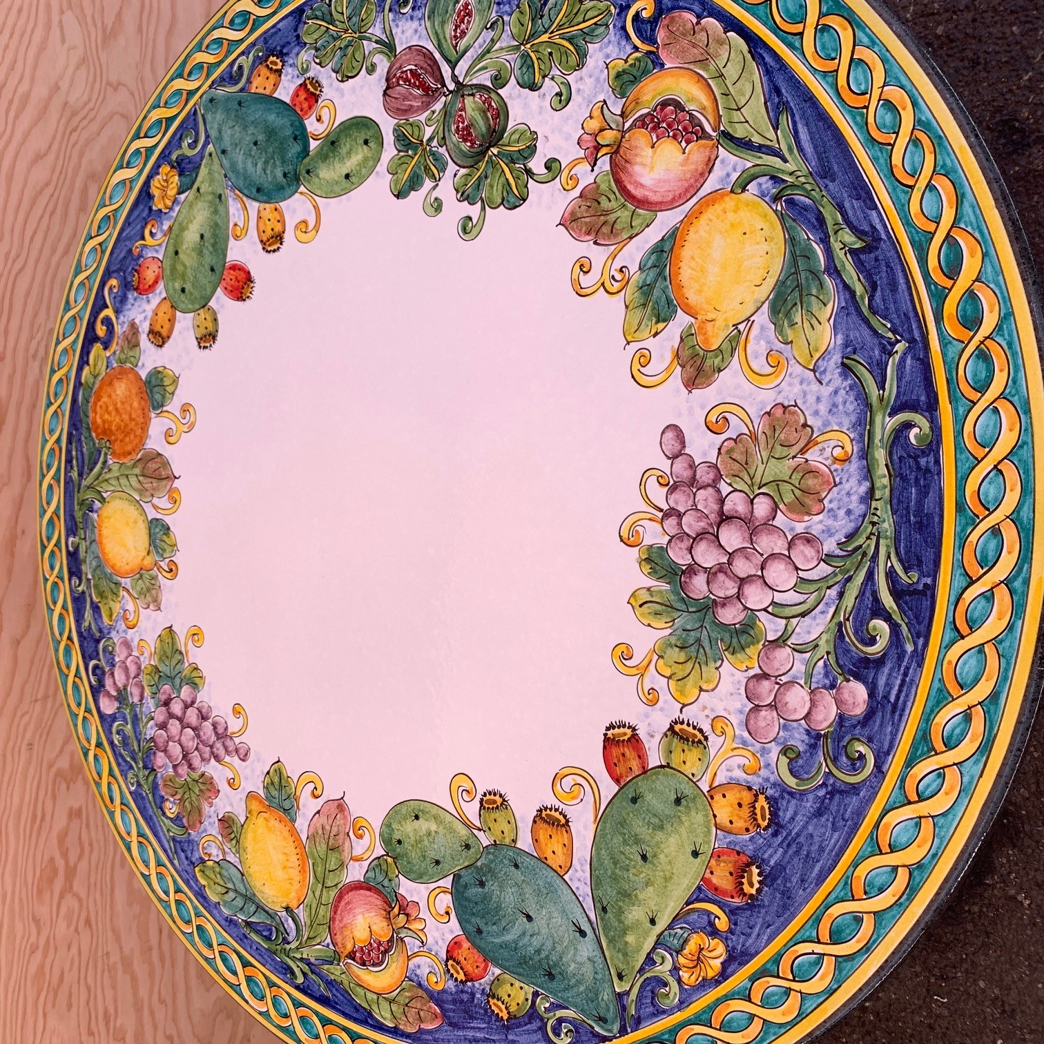 43" Italian Volcanic Stone Table Mixed Fruit on Blue with Scrolled