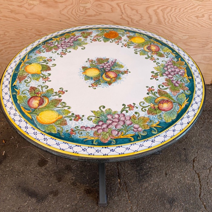 43" Italian Volcanic Stone Table - Mixed Fruit on Teal with Blue Hatch Full Center - Image 2