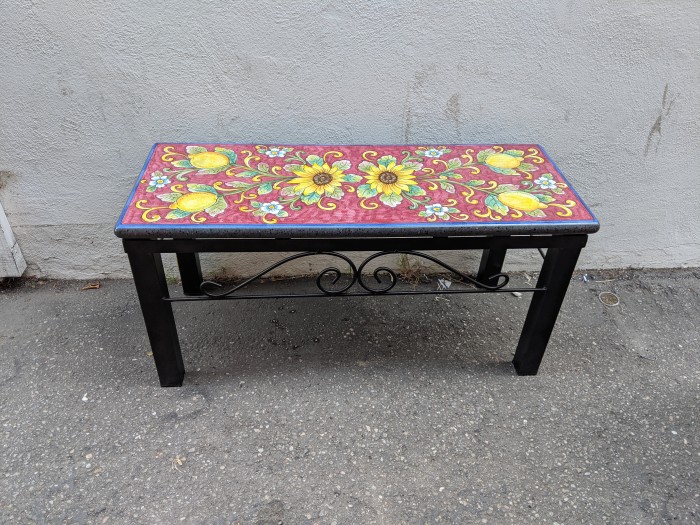 39'' x 16" Italian Volcanic Outdoor Bench with Iron Base - Yellow Sunflowers with Lemons Full Red