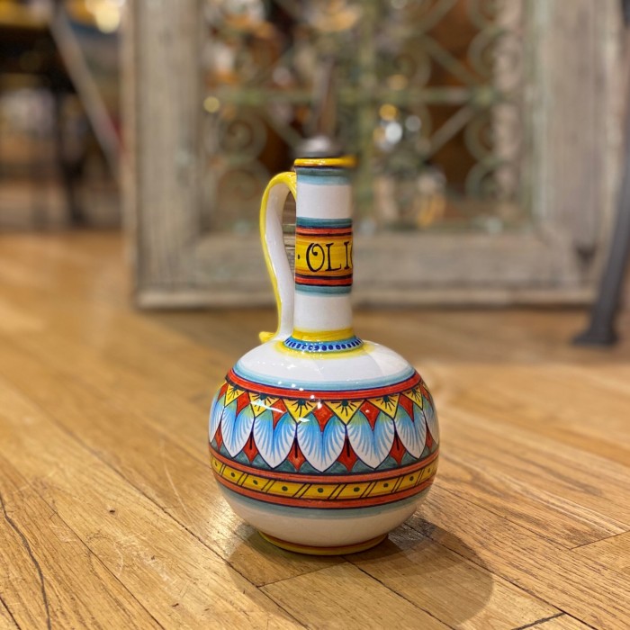 Turquoise and Red Deruta Oil Bottle