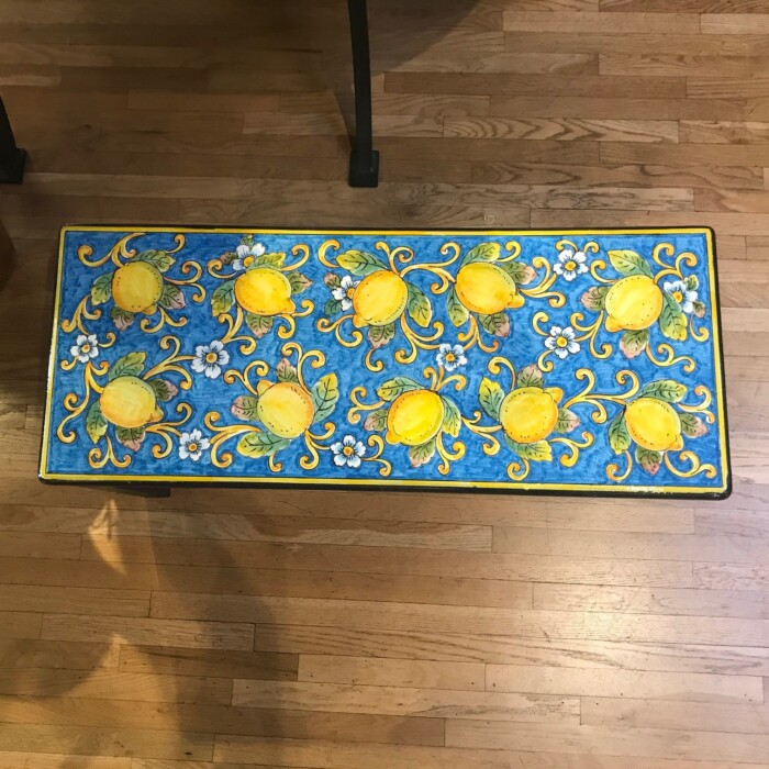 39'' x 16" Italian Volcanic Outdoor Bench with Iron Base - Lemons on Medium Blue - Image 2