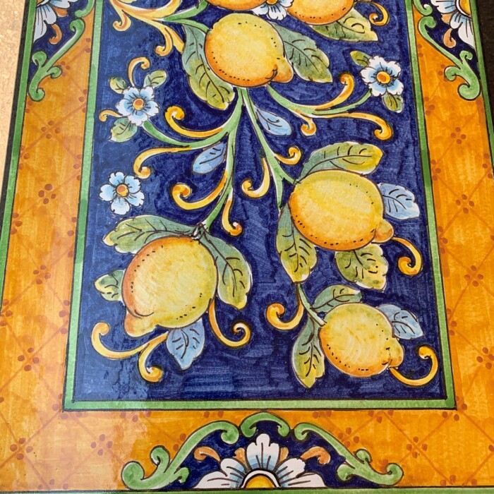31'' x 16" Italian Volcanic Outdoor Bench with Iron Base - Lemons on Blue with Yellow Hatch Border - Image 3