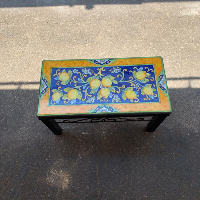 31'' x 16" Italian Volcanic Outdoor Bench with Iron Base - Lemons on Blue with Yellow Hatch Border - Image 2