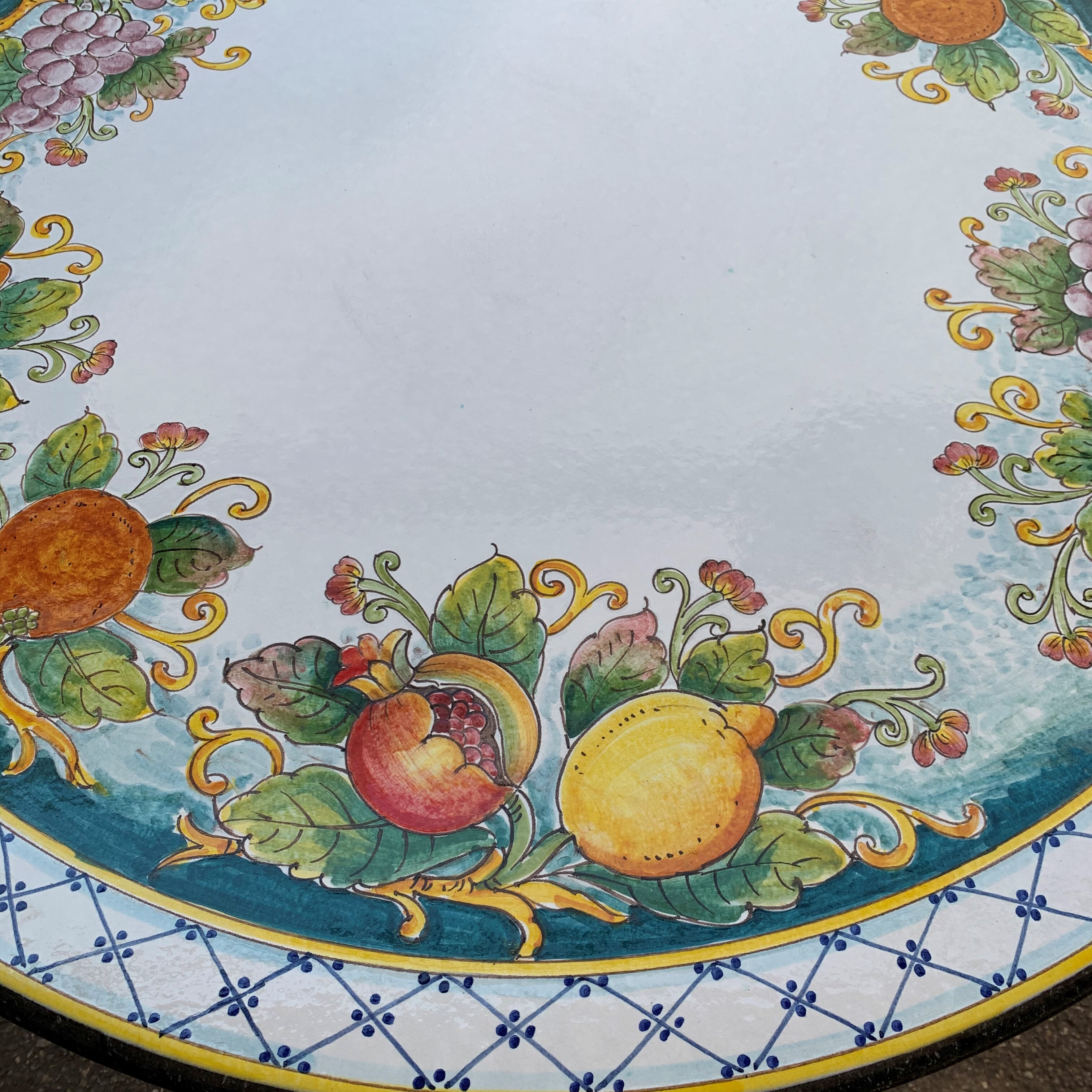 43" Italian Volcanic Stone Table Mixed Fruit on Teal with Blue Hatch