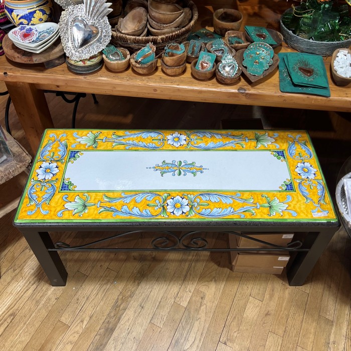 39'' x 16" Italian Volcanic Outdoor Bench with Iron Base - White Flowers and Leaves on Yellow