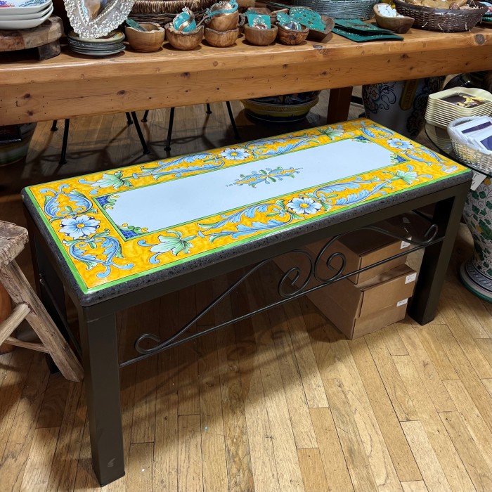 39'' x 16" Italian Volcanic Outdoor Bench with Iron Base - White Flowers and Leaves on Yellow - Image 2
