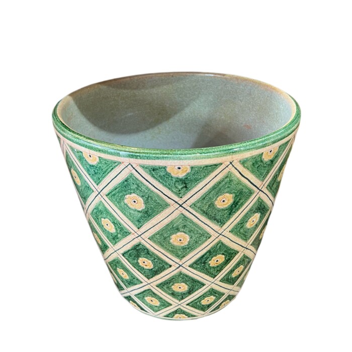 Green Cachepot with Criss Cross Pattern and Flowers - Image 2