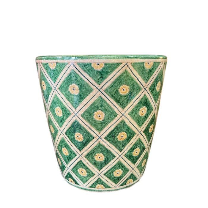 Green Cachepot with Criss Cross Pattern and Flowers